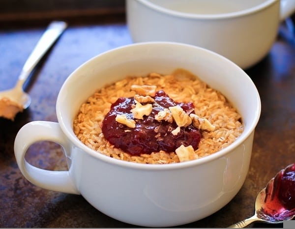 Peanut Butter and Jelly Baked Oatmeal | TheRoastedRoot.net #healthy #breakfast #glutenfree #pb&j