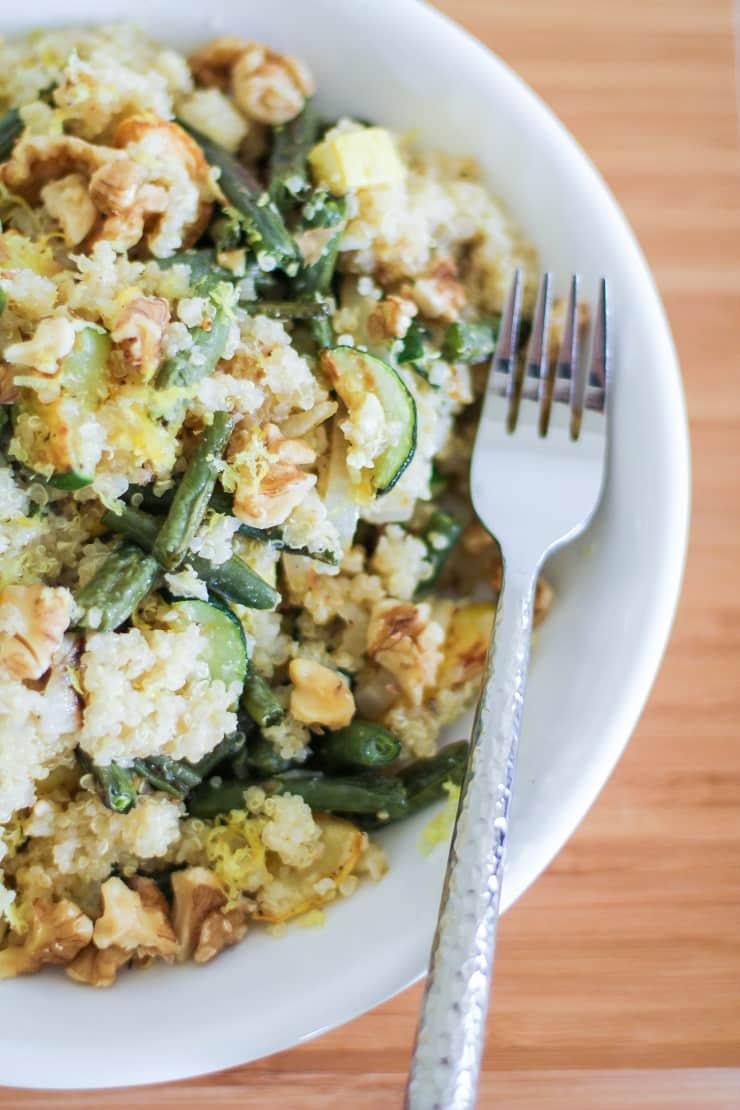 Roasted Summer Vegetable Quinoa Salad with walnuts, and citrus dressing