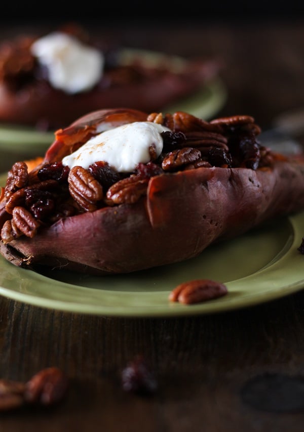 Stuffed Sweet Potatoes with Bourbon Maple Candied Pecans and Cranberries