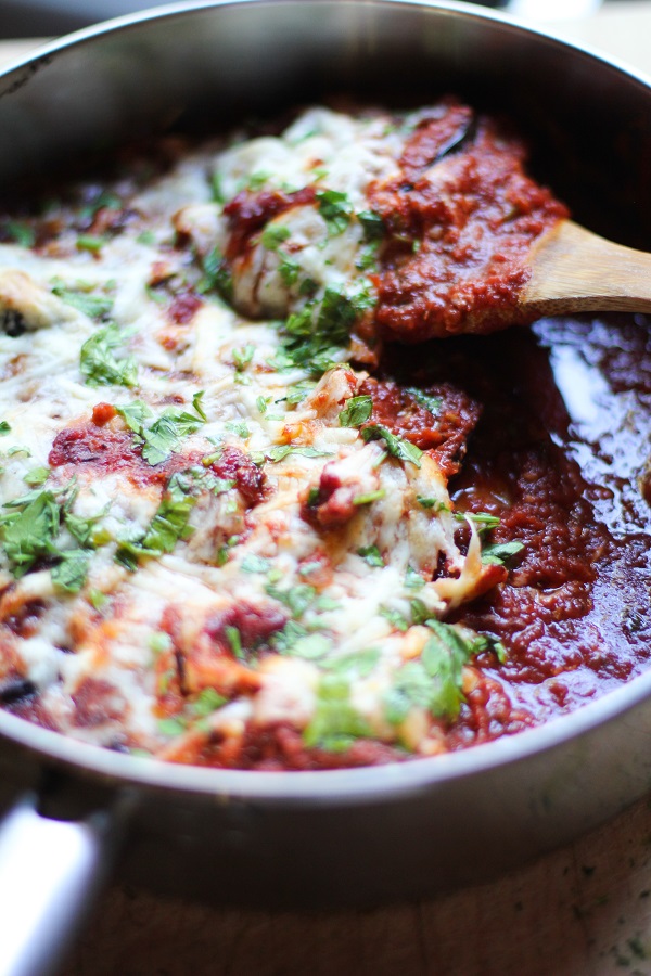 Gluten-Free Eggplant Parmesan made quick and easy in a skillet
