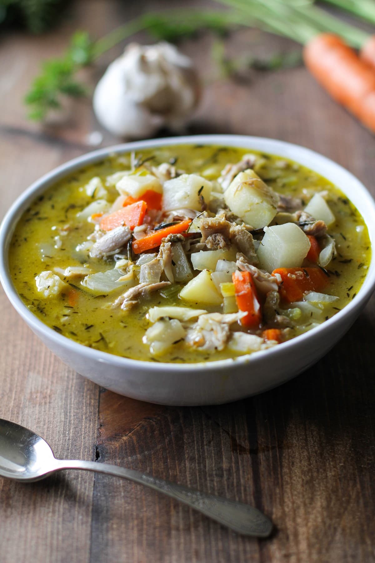 Big bowl of turkey soup with root vegetables with vegetables in the background