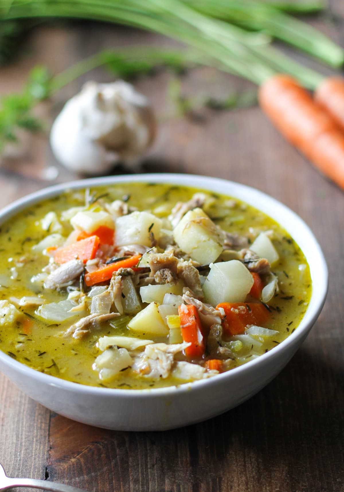 Close up white bowl of turkey soup with root vegetables