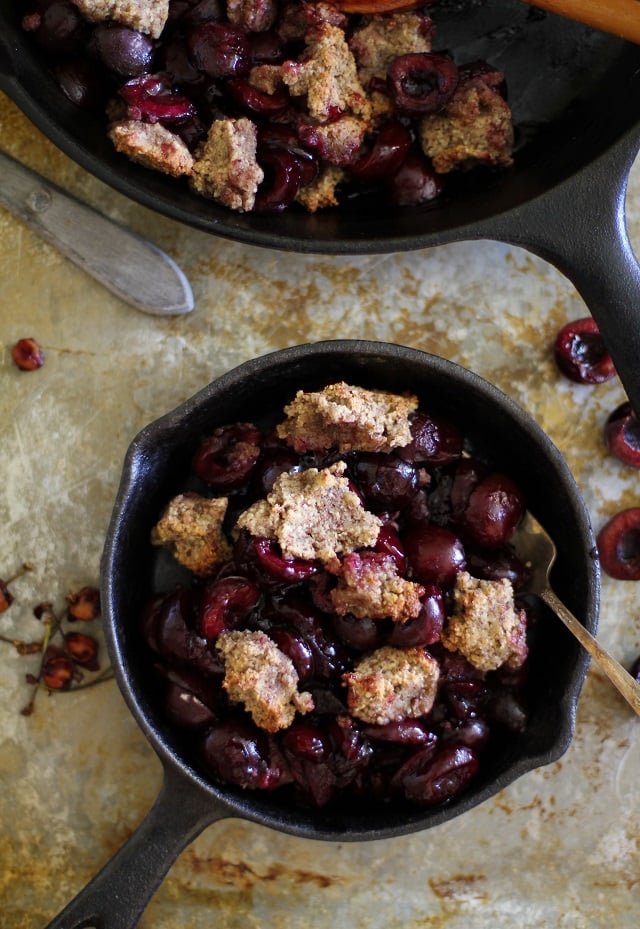 Grain-Free Cherry Crumble - a paleo dessert that's healthy enough for breakfast | theroastedroot.net #vegan #recipe #healthy #glutenfree #sugarfree