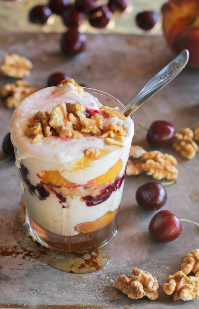 Roasted Peach and Cherry Yogurt Parfaits with Roasted Walnuts and honey | theroastedroot.net #healthy #dessert #recipe #summer