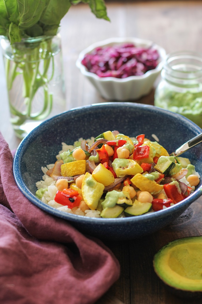 Roasted Summer Vegetable Burrito Bowls with Chickpeas and Avocado-Basil Crema | TheRoastedRoot.net #healthy #recipe #dinner #vegetarian #vegan