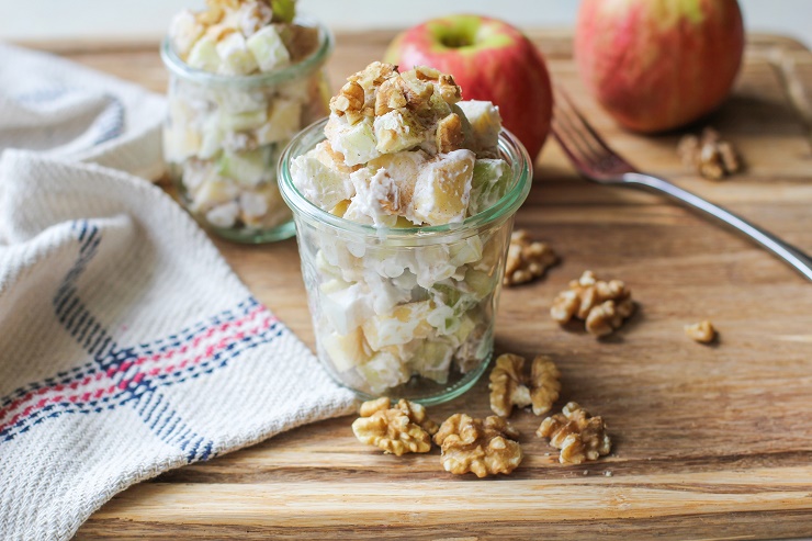 Apple Walnut Fruit Salad with Grapes and Cinnamon-Maple Coconut Whipped Cream | TheRoastedRoot.net #sidedish #salad #healthy #vegan