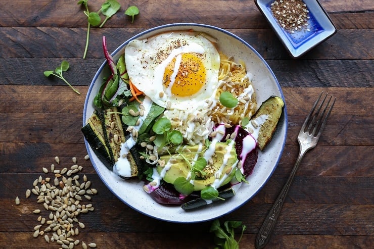 Prebiotic and Probiotic Macro Bowls - spaghetti squash, beets, greens, avocado, roasted vegetables, sauerkraut, and kefir makes for a healthy well-balanced meal. | TheRoastedRoot.net #healthy #dinner #recipe #glutenfree