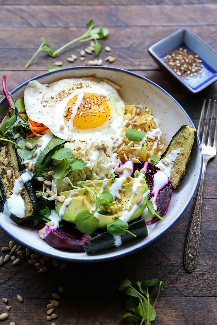 Prebiotic and Probiotic Macro Bowls - spaghetti squash, beets, greens, avocado, roasted vegetables, sauerkraut, and kefir makes for a healthy well-balanced meal. | TheRoastedRoot.net #healthy #dinner #recipe #glutenfree