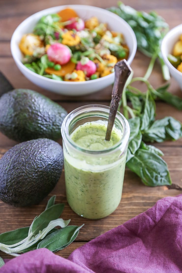 Roasted Spring Vegetable Buddha Bowls with Avocado Green Goddess Dressing | TheRoastedRoot.net #healthy #dinner #recipe #vegan #vegetarian