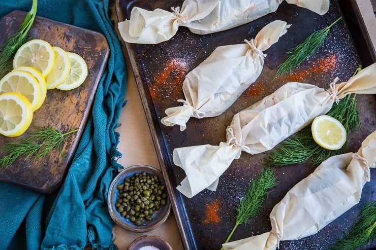 Lemon Dill Cod in Parchment Paper with Capers - low-carb, whole30, paleo, keto | TheRoastedRoot.net