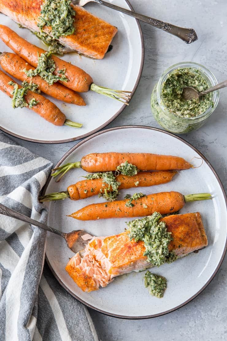 Sheet Pan Salmon and Carrots with Carrot Top Pesto - a whole30, paleo, keto diner recipe that requires just 35 minutes to make! | TheRoastedRoot.net