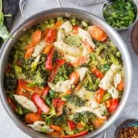Skillet full of 30-minute chicken green curry