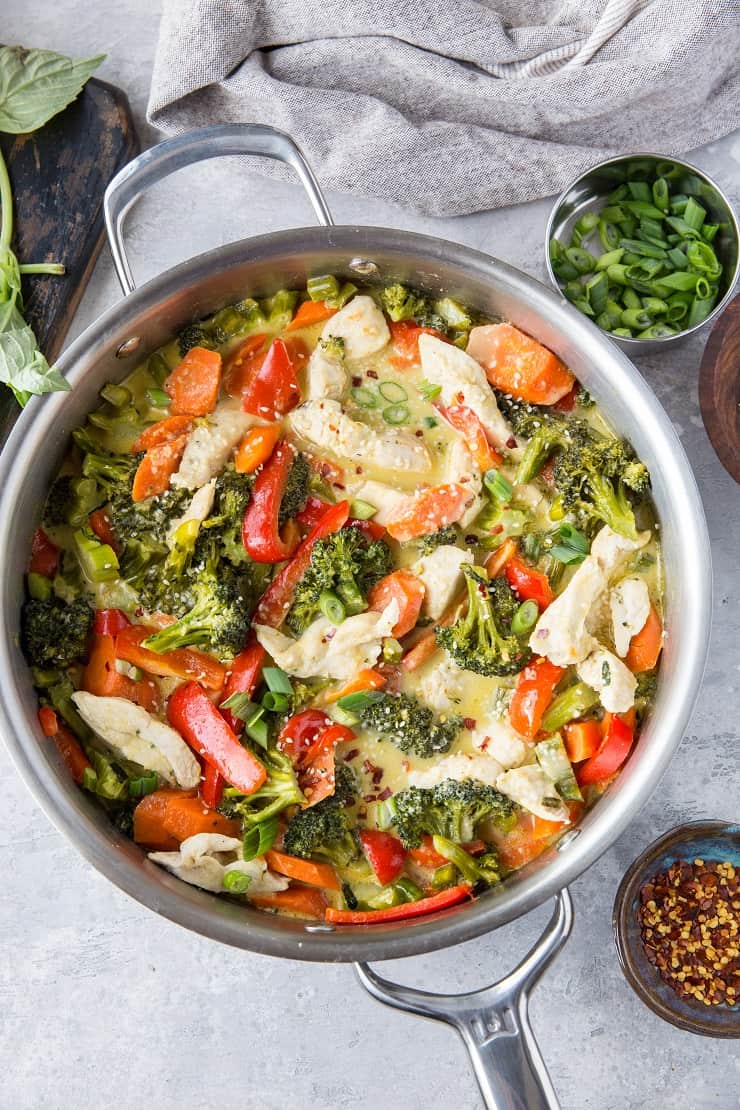 Skillet full of 30-minute chicken green curry