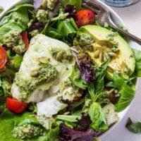 Cod Salad with Basil-Walnut Pesto, cherry tomatoes, pumpkin seeds and avocado - a low-carb, keto, paleo, whole30 dinner recipe | TheRoastedRoot.net
