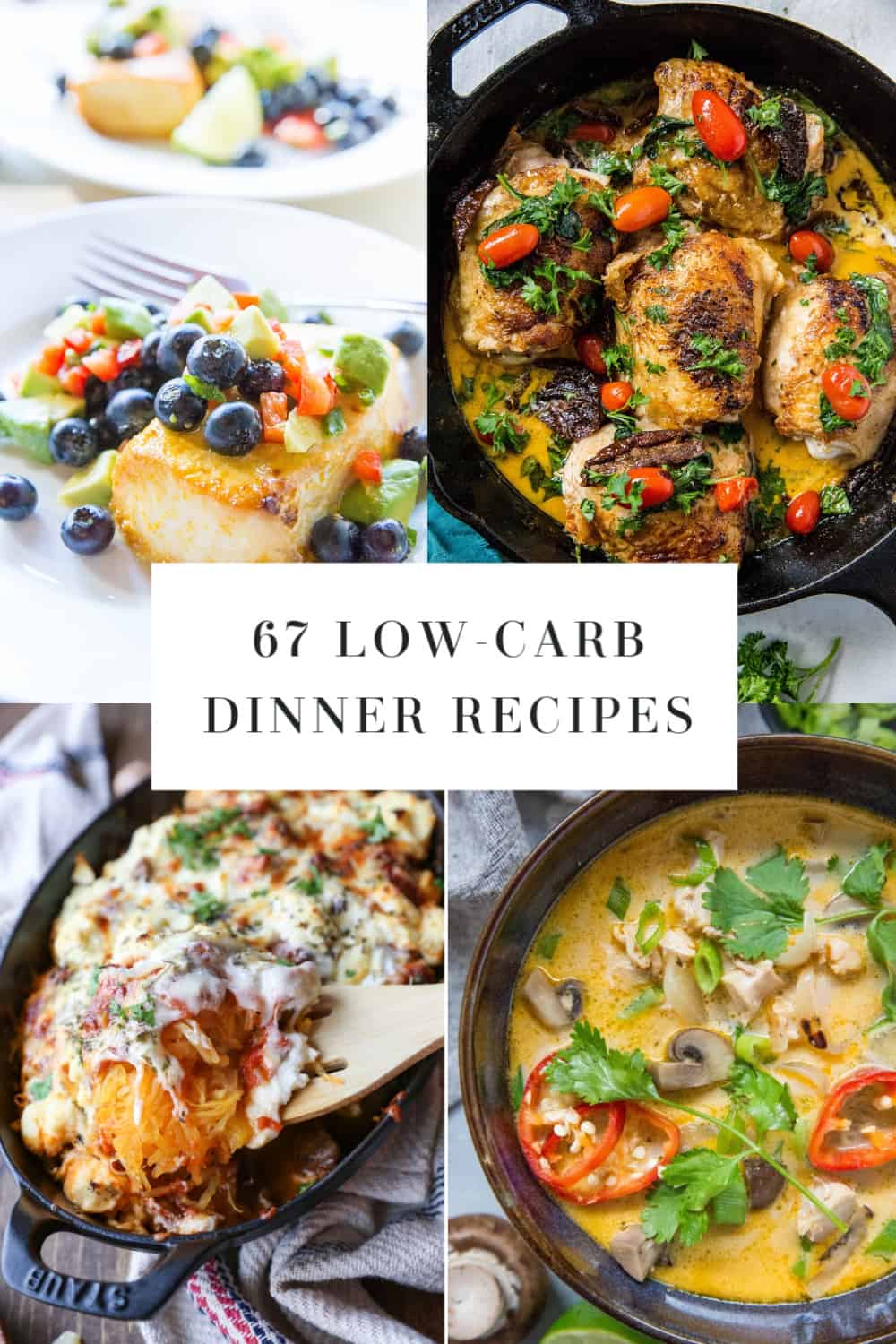 A collage of four colorful low-carb dinner recipes: baked chicken with vegetables, cheesy casserole in a skillet, creamy soup with herbs, and chicken topped with berries. Text overlay reads: 67 Low-Carb Dinner Recipes.