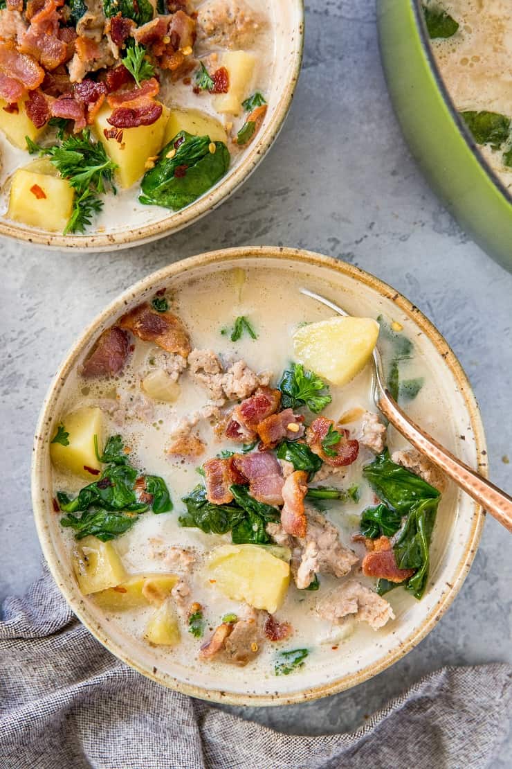 Dairy-Free Paleo Zuppa Toscana made on the stove top, in the Instant Pot, or Slow Cooker. An easy healthy soup recipe | TheRoastedRoot.net
