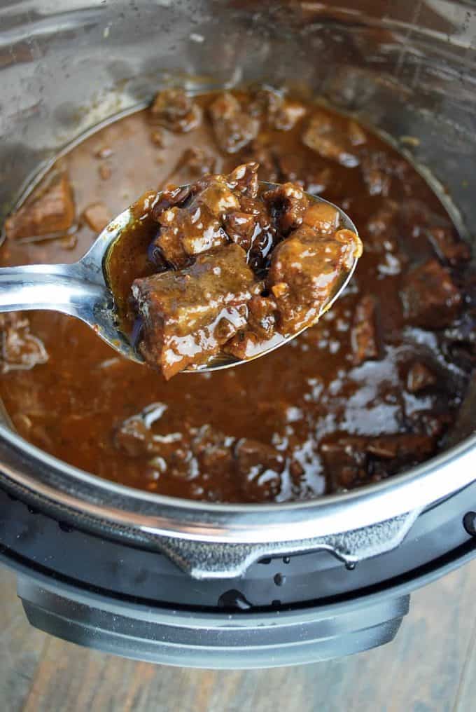 Instant Pot Mediterranean Beef from Amee's Savory Dish is a tender and flavorful beef recipe made with chuck shoulder roast in a delicious balsamic red wine sauce.ย