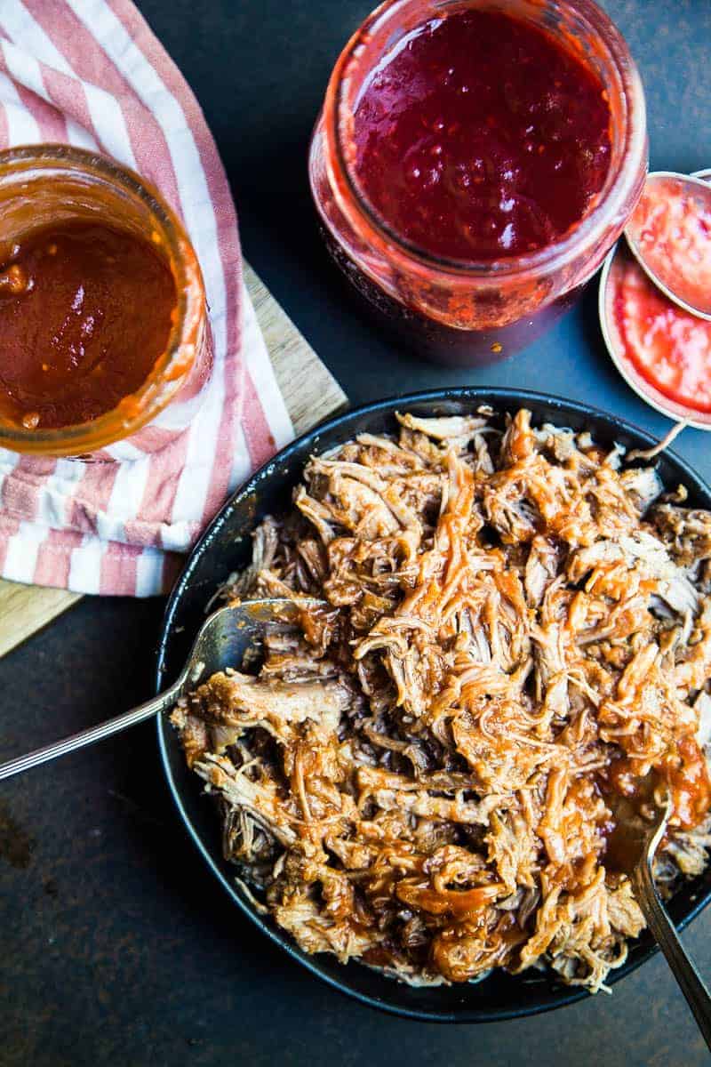 Easy Instant Pot Pulled Pork from Perryโs Plate - Tender, flavorful shredded pork with healthy paleo-friendly BBQ sauce for a comforting meal with flair! This quick and simple recipe will surely be a household favorite.ย