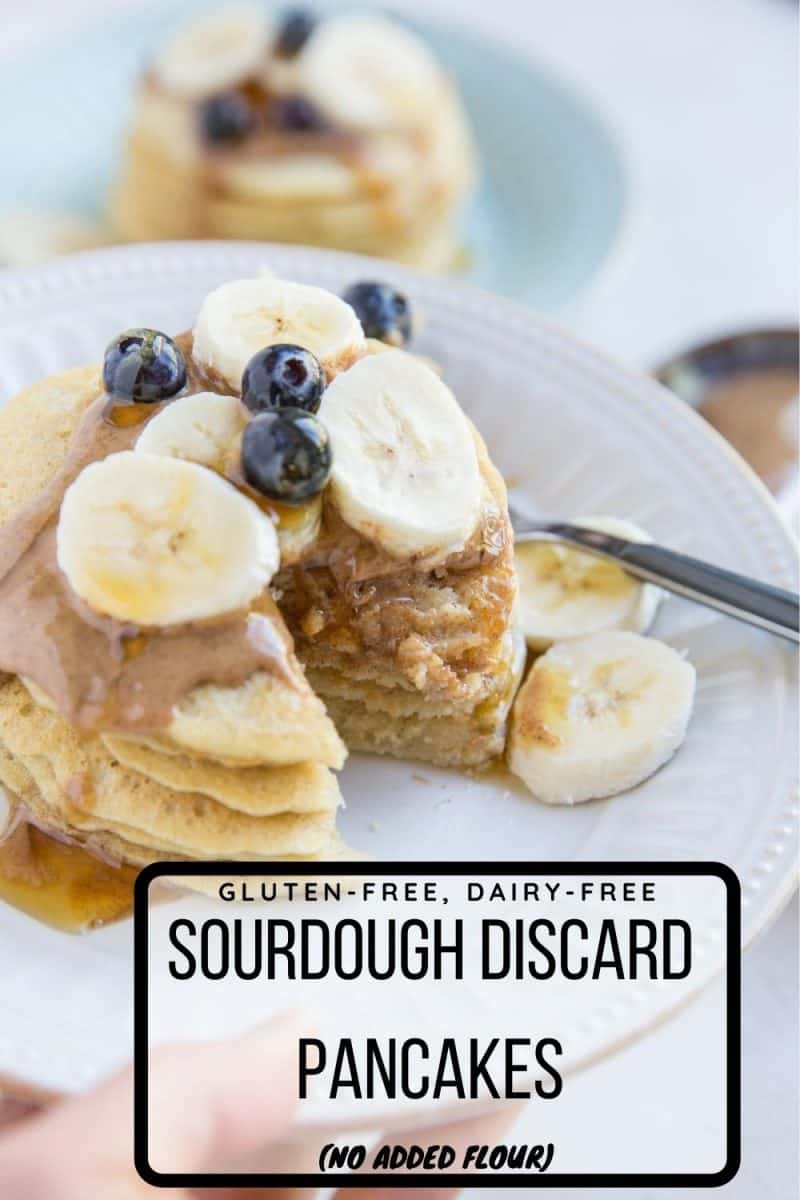 Gluten-Free Sourdough Pancakes made with sourdough discard only - no added flour! Dairy-free, easy to make and delicious. No waiting for the batter to sit!