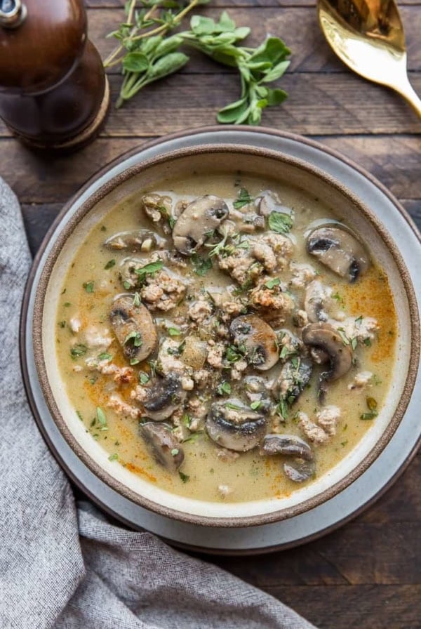 Dairy-Free Cream of Mushroom Soup with Ground Turkey - an easy, healthy whole30, paleo, keto, low-carb, delicious soup recipe. Post includes Instant Pot, stove top, and Crock Pot instructions