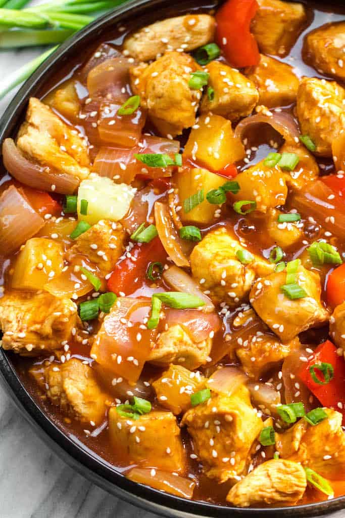 Instant Pot Sweet and Sour Chicken from Whole Kitchen Sink - Whole30 instant pot sweet and sour chicken is so easy and so quick to make. Itโs completely Paleo, sugar free, gluten free, and made in less 30 minutes. The simplicity of this recipe makes it perfect for a weeknight meal thatโs family friendly, or for Whole30 meal prep.