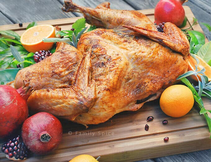 Orange and Sage Spachcooked Turkey from Family Spiceย - Butterflying a turkey takes a little muscle, but there is plenty of crispy skin in this Orange and Sage Spatchcocked Turkey. And the cooking time gets cut in half, too!