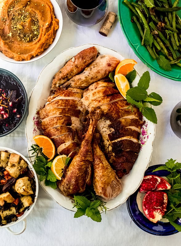Roast Turkey with Citrus, Herbs and Zaโatar from Little Ferraro Kitchenย Amazing Thanksgiving citrus and herb roast turkey, seasoned with loads of aromatic zaโatar, citrus zest and fresh herbs and then slathered with butter making it juicy and flavorful. You donโt want to miss this otherworldly take on turkey!