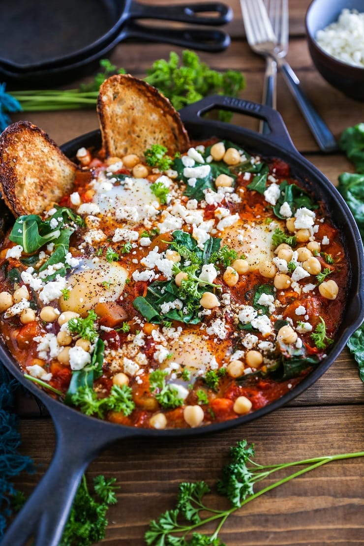 Eggplant Chickpea and Chard Shakshuka - a healthy delicious poached eggs in tomato sauce recipe.