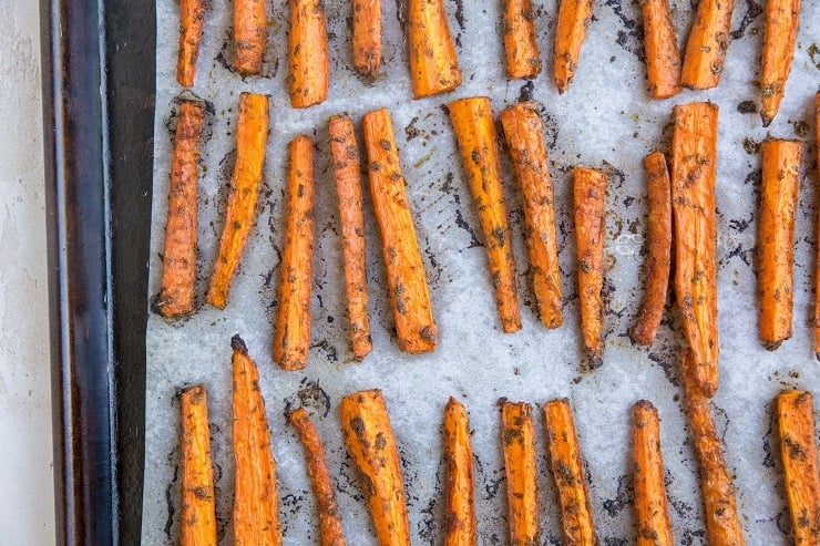 Baked Carrot Fries on a baking sheet