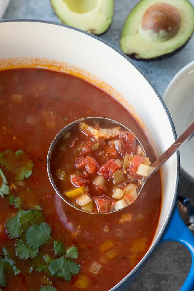 This Paleo Turkey Tortilla Soup is a healthy version of the classic. Made with veggies, spices, and leftover turkey, itโs a warm and comforting recipe thatโs super easy to make. Plus itโs gluten free and Whole30 compatible!