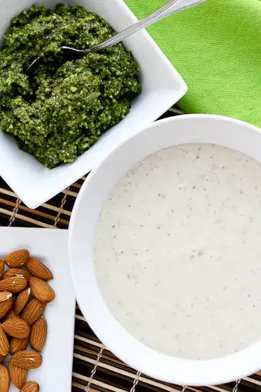 Garlic-Almond Soup with Pesto