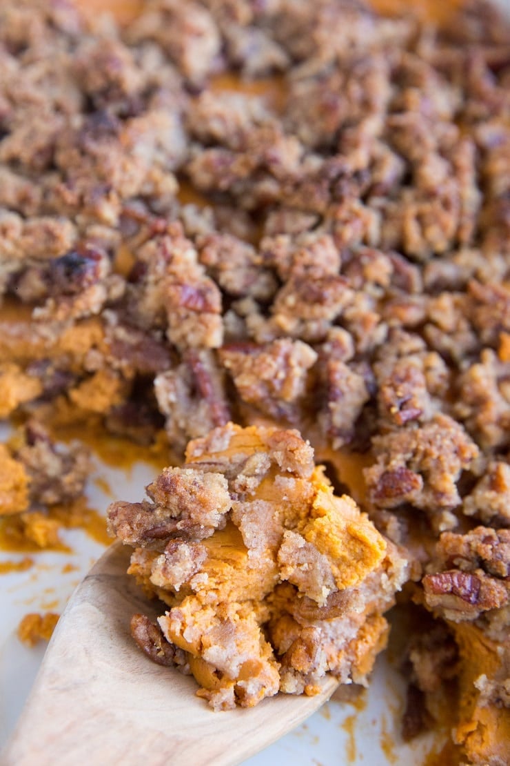 Paleo Healthy Sweet Potato Soufflé recipe with a pecan streusel topping. Grain-free, refined sugar-free, dairy-free and delicious!
