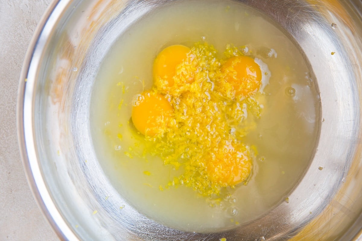 Wet ingredients for lemon filling in a mixing bowl