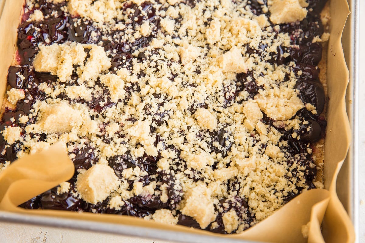 Cherry Pie bars ready to go into the oven