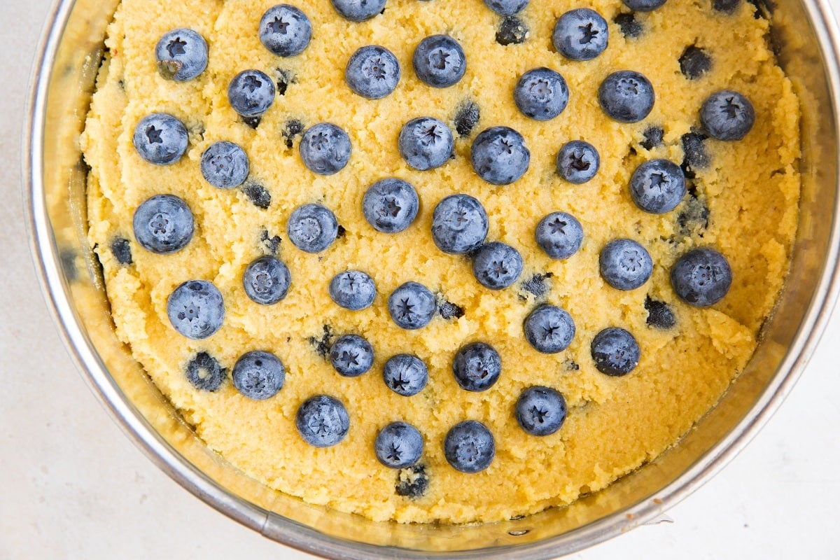 Cake batter in the spring form pan ready to go into the oven