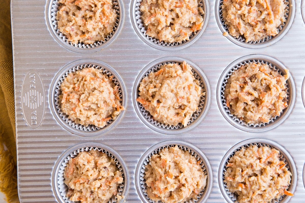 Muffin tray with muffin batter in the holes