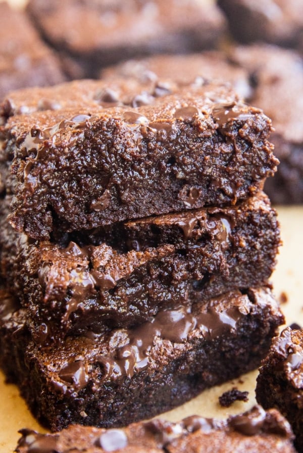 close up image of a stack of almond flour brownies