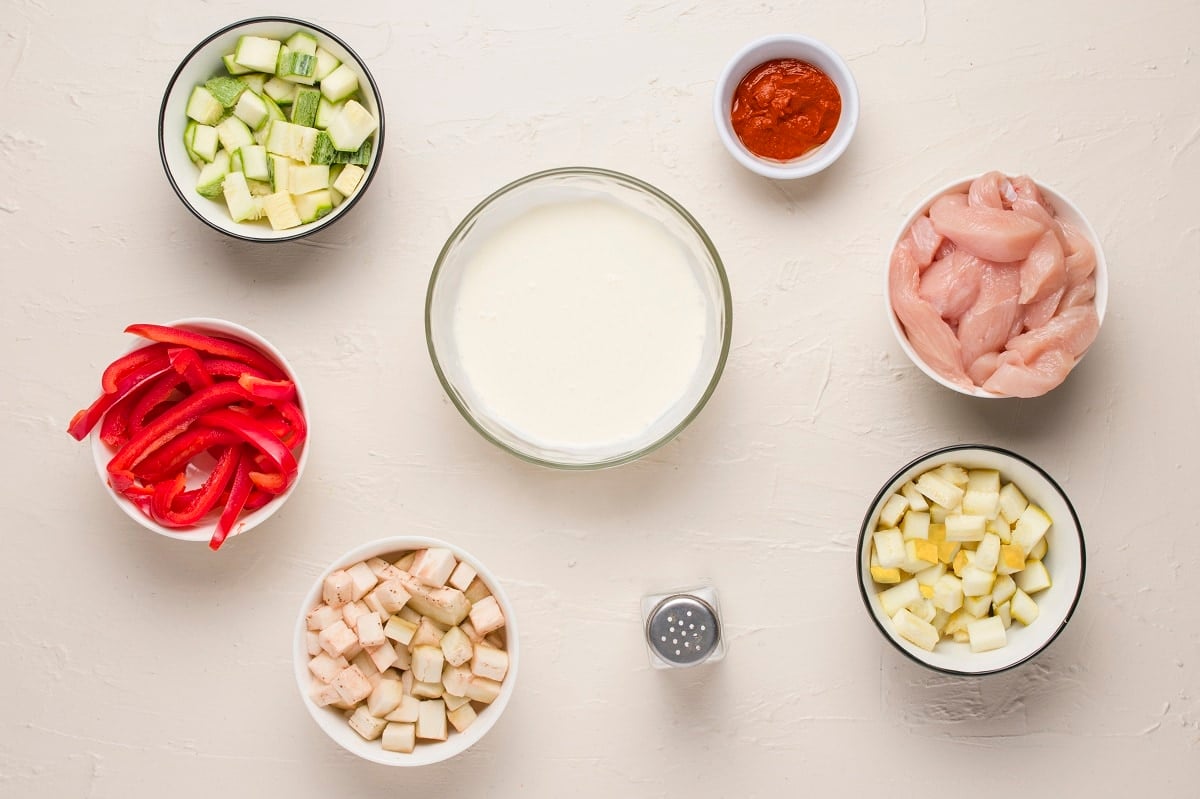 Ingredients for Red Thai Curry on a white background