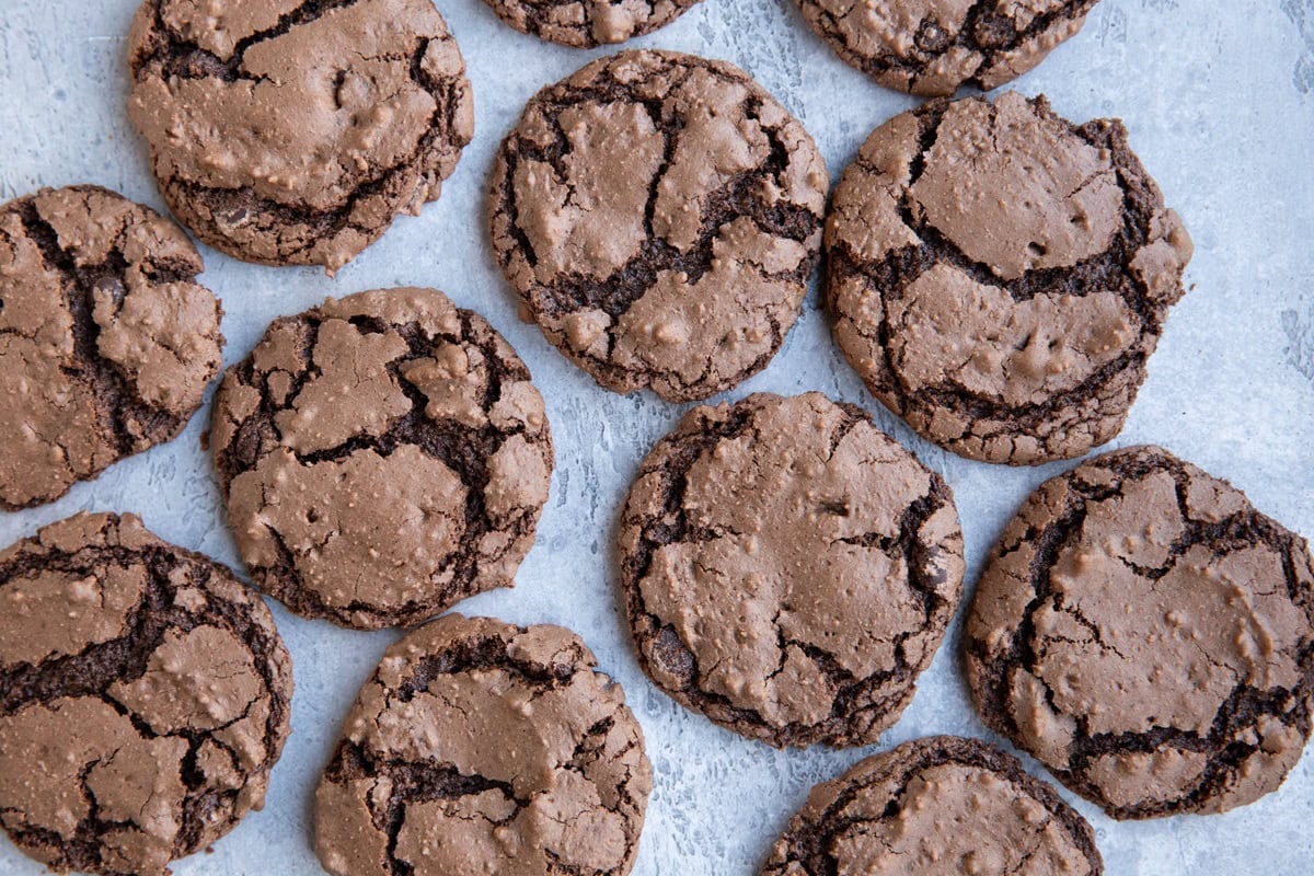 Many chocolate cookies sitting side by side on a blue backdrop, ready to eat.
