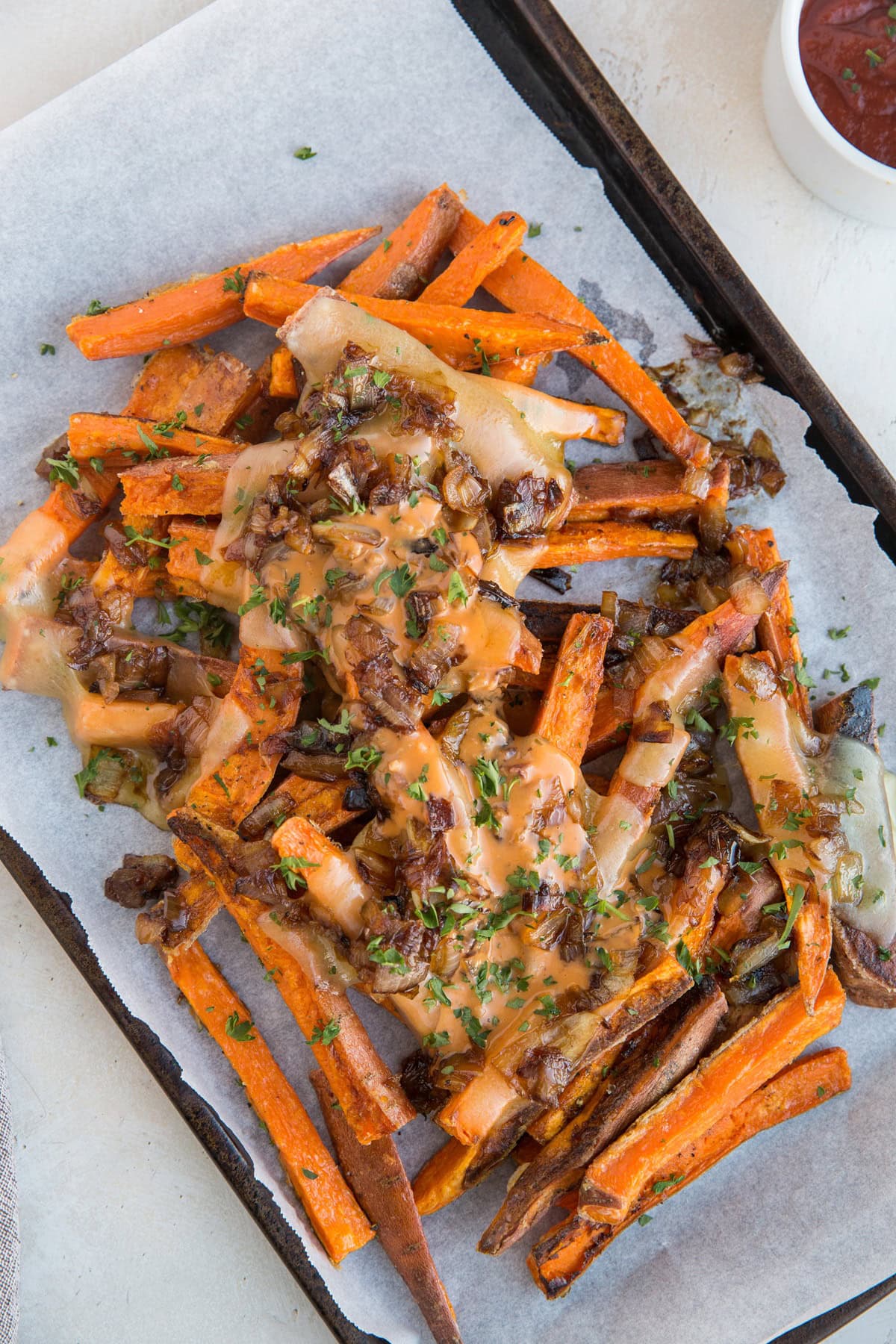 Copycat In & Out fries animal style using sweet potato fries