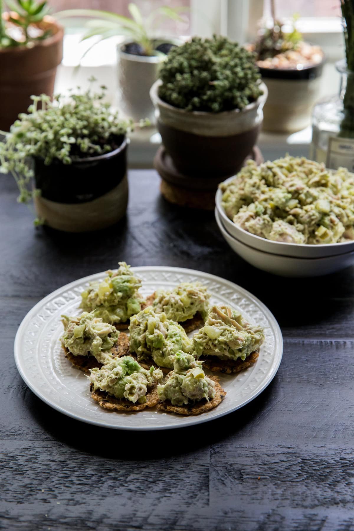Crackers with tuna salad on top sitting on a plate, ready to serve. house plants in the background.