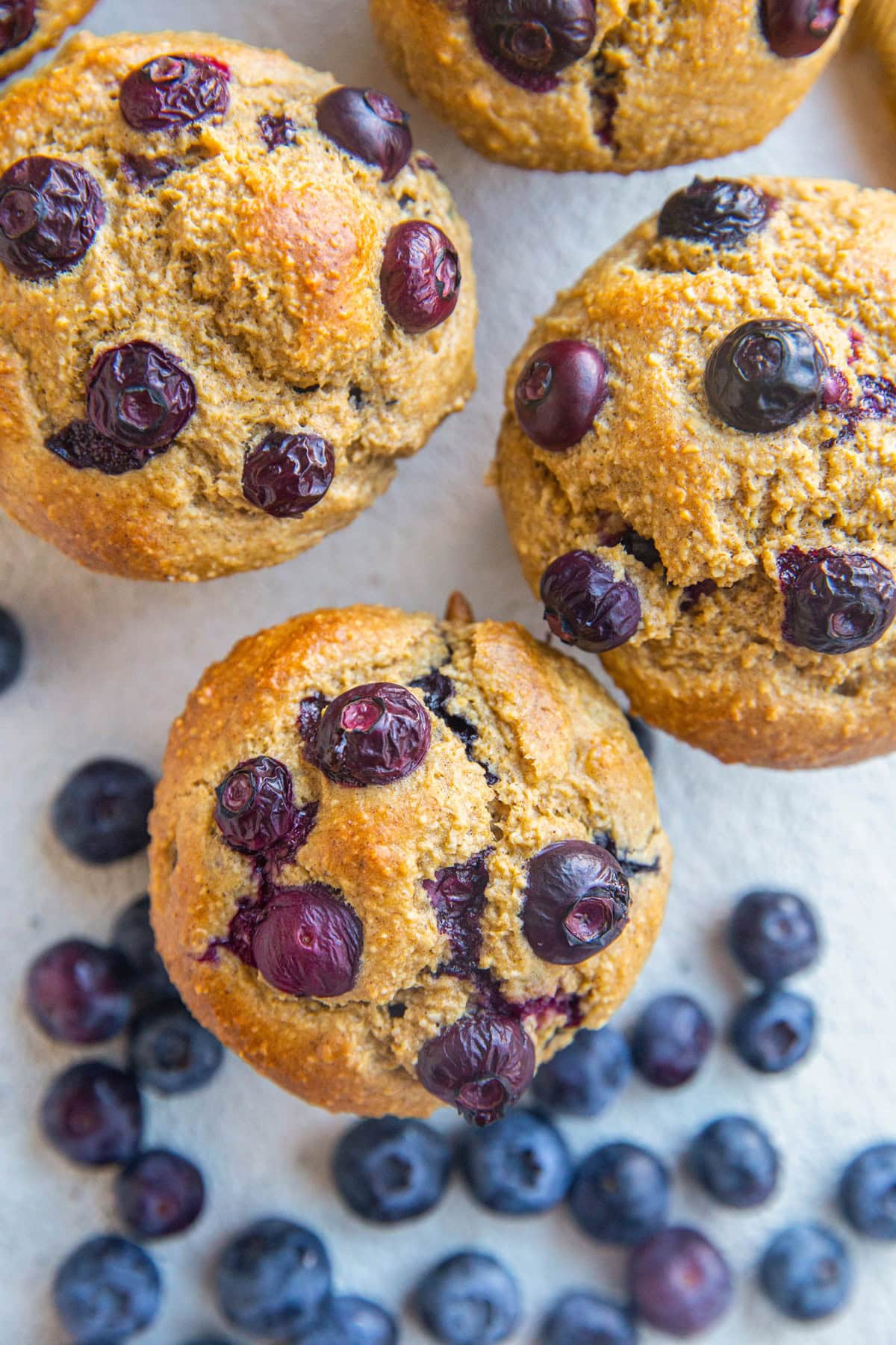 Close up of oatmeal banana blueberry muffins.