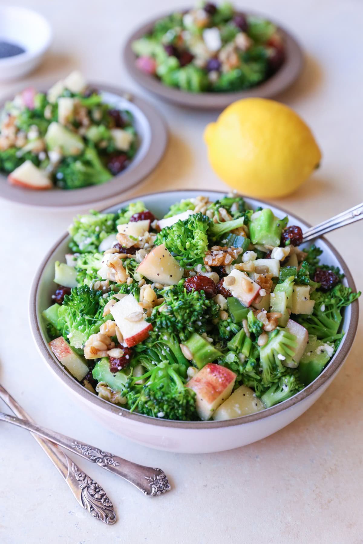 Mayo-Free Broccoli Salad with Lemon Poppy Seed Dressing | TheRoastedRoot.net #healthy #vegetarian #recipe