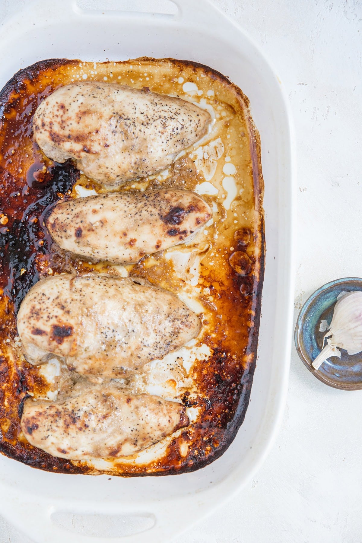 Balsamic Baked Chicken in a casserole dish, fresh out of the oven.