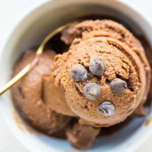 White bowl full of chocolate banana ice cream with chocolate chips sprinkled on top. Ready to serve!