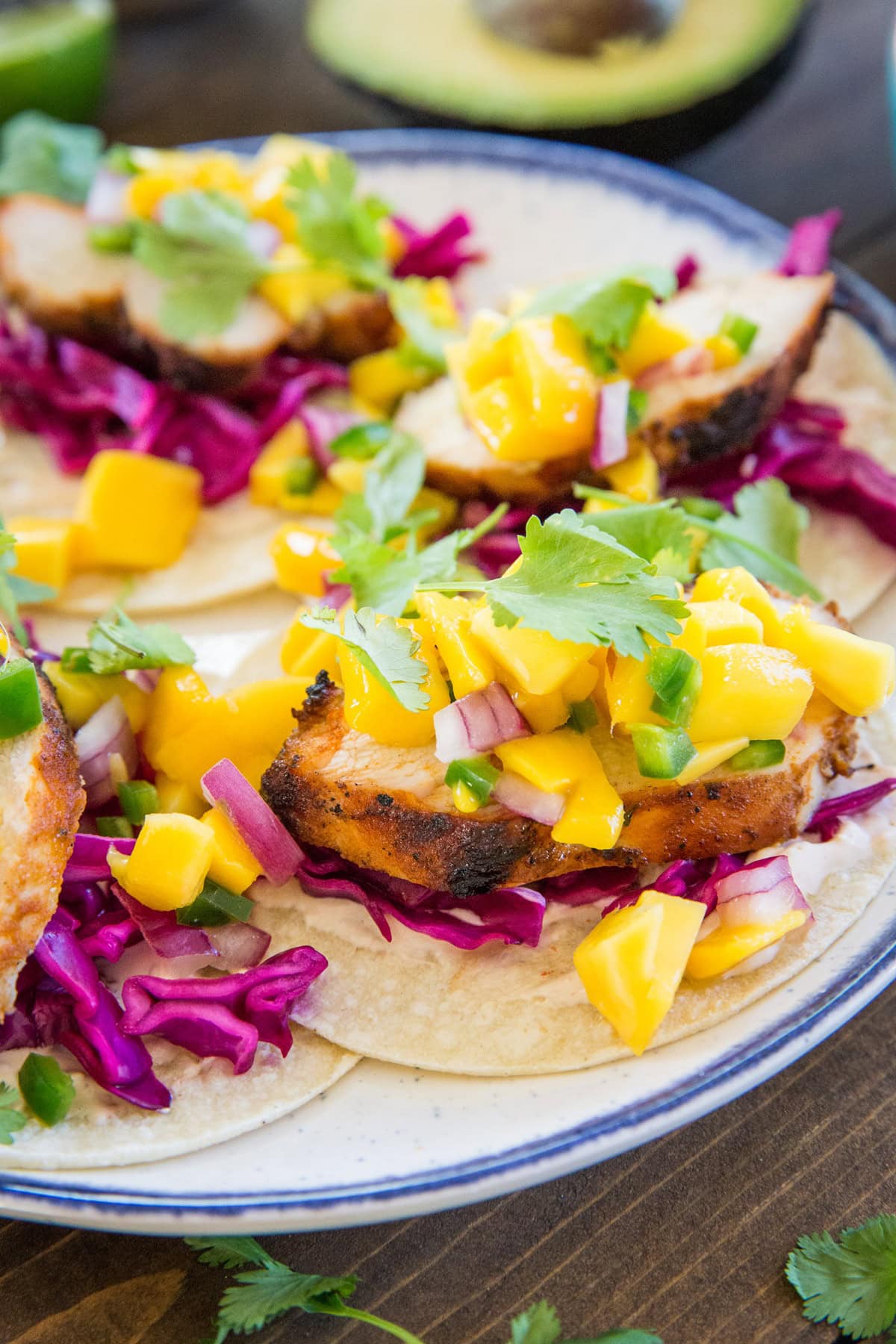 Grilled chicken tacos on a plate with mango salsa and chipotle yogurt sauce with cilantro on top, ready to eat. A close up on the tacos.