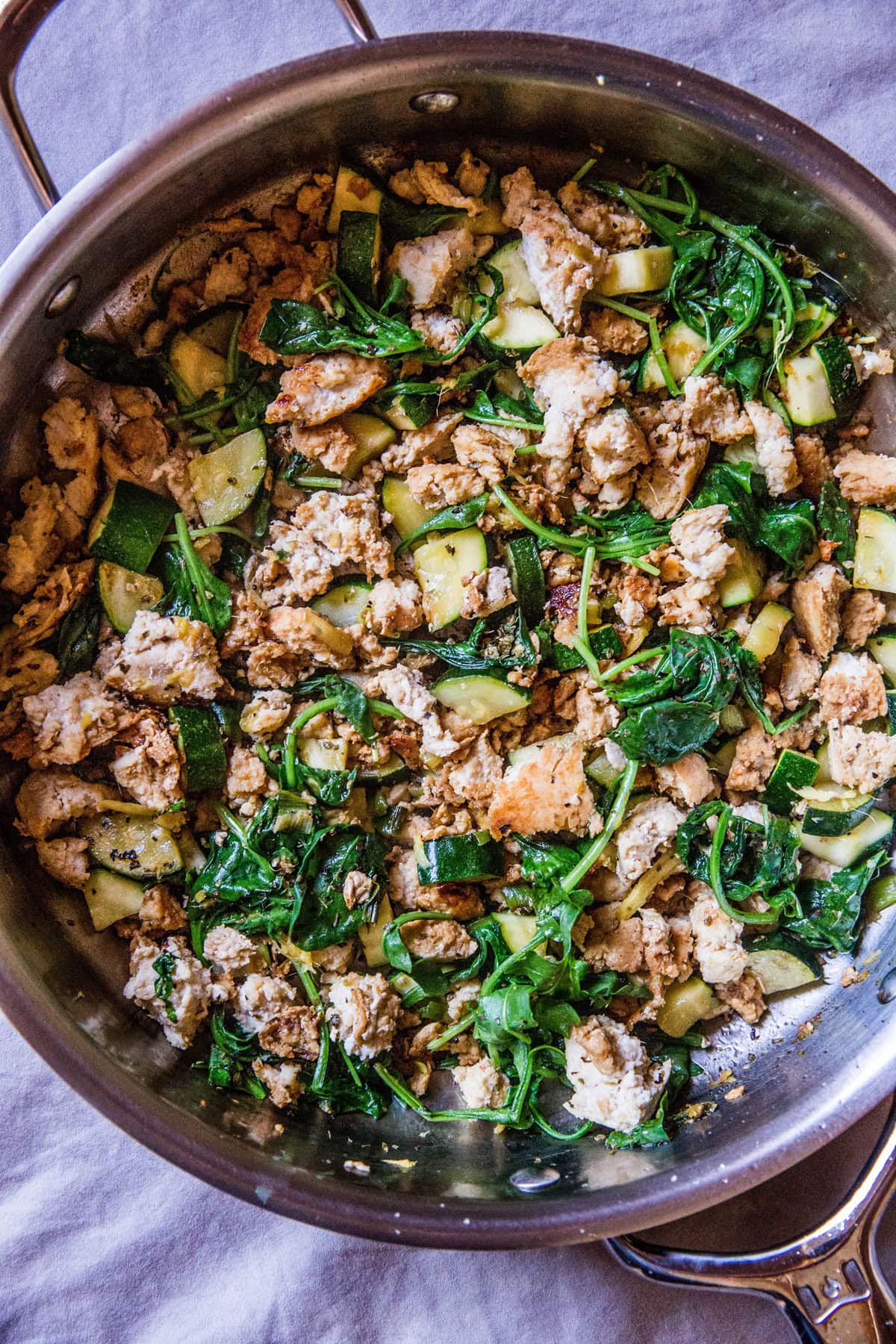 Zucchini and Ground Turkey Skillet with spinach and ginger - a simple healthy dinner recipe that comes together in 30 minutes or less.