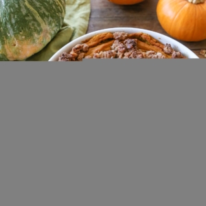 Kabocha squash casserole with nuts sprinkled all around