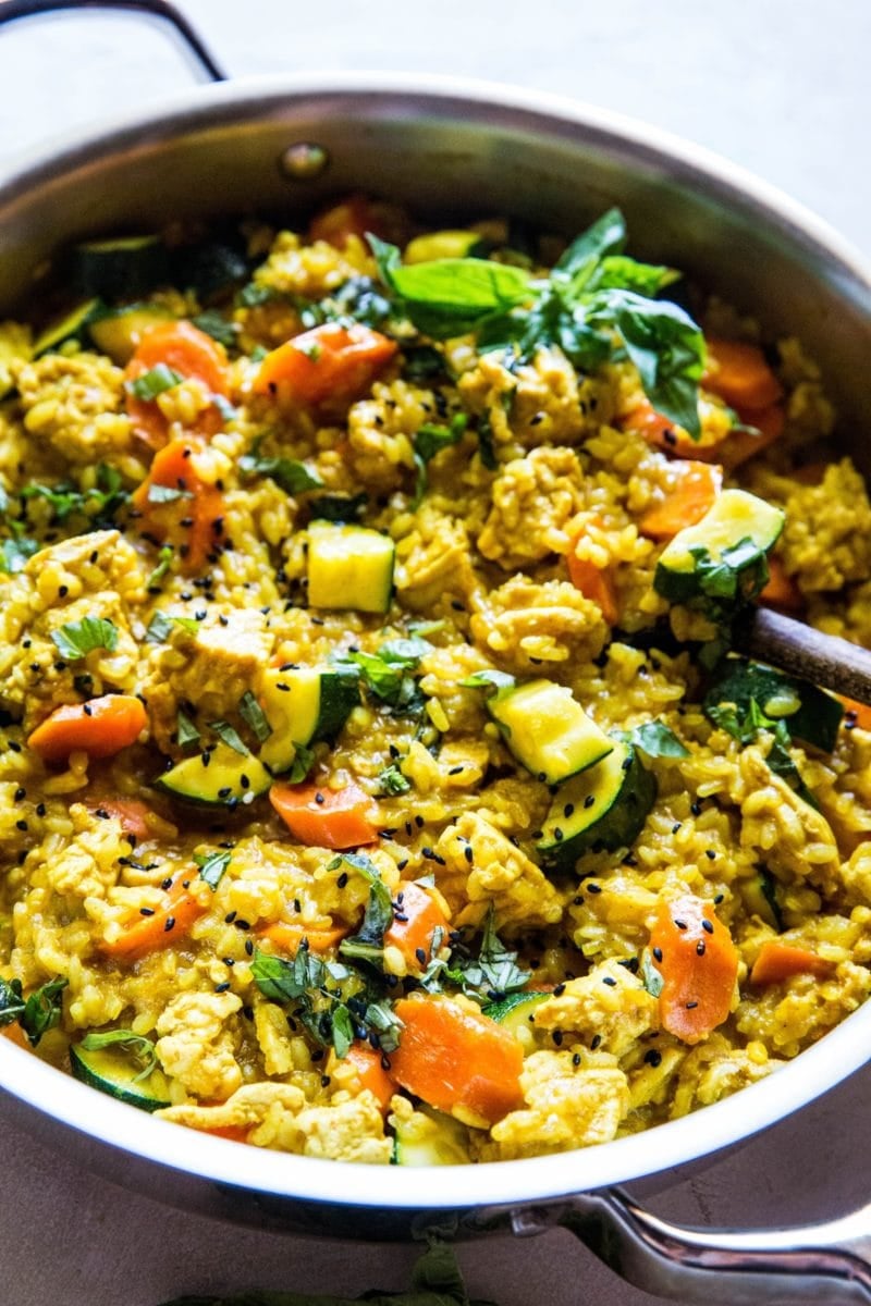 Large stainless steel skillet full of Thai ground turkey curry.