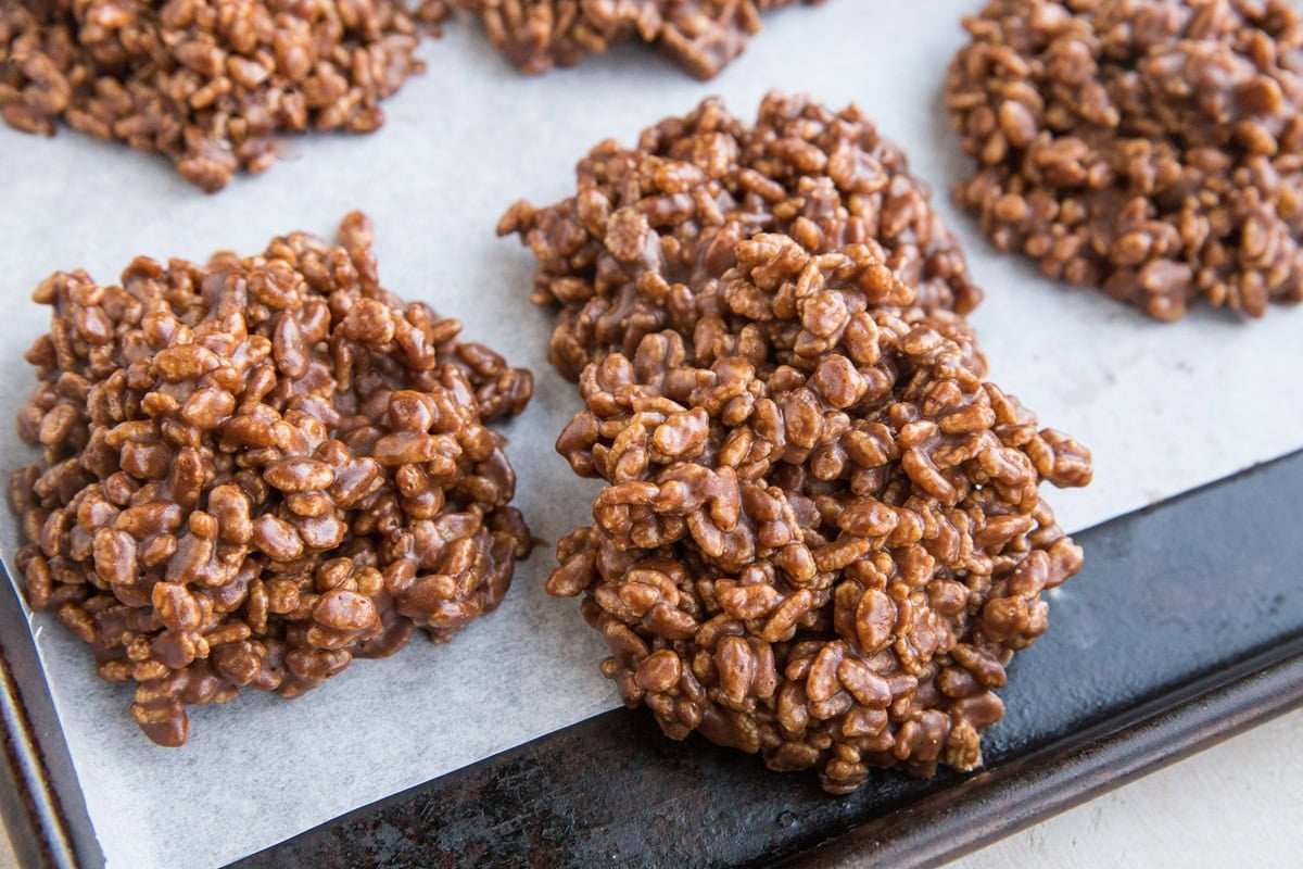 No bake rice crispy cookies on a baking sheet.